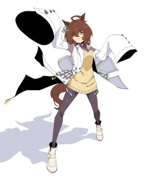 1girl absurdres agnes_tachyon_(tach-nology)_(umamusume) agnes_tachyon_(umamusume) ahoge animal_ears archives.gokulism brown_hair chemical_structure closed_mouth coat commentary_request earrings hair_between_eyes highres holding holding_test_tube horse_ears horse_girl horse_tail huge_ahoge jewelry lab_coat long_sleeves medium_hair necktie pantyhose red_eyes shirt short_necktie single_earring sleeves_past_fingers sleeves_past_wrists smile solo sweater tail test_tube umamusume umamusume:_beginning_of_a_new_era white_coat wolf_cut yellow_sweater
