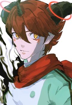 1boy absurdres aegiochusmon_dark aegiomon black_horns brown_hair digimon digimon_story:_time_stranger facial_mark fusion green_jacket highres horns jacket male_focus multicolored_jacket ninyunyan red_scarf scarf short_hair simple_background solo two-tone_jacket white_background white_jacket yellow_eyes yuuki_dan