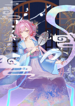 1girl absurdres alternate_costume blue_coat breasts chinese_clothes chinese_commentary chinese_hairstyle coat collarbone commentary_request diamond-shaped_pupils diamond_(shape) dress earrings elysia_(honkai_impact) flower hair_flower hair_ornament hand_fan highres holding holding_fan honkai_(series) honkai_impact_3rd jewelry long_hair medium_breasts pink_hair purple_dress purple_eyes seawave02974 sitting smile solo symbol-shaped_pupils very_long_hair