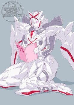 Rule 34 | 1girl, absurdres, blush, book, helmet, highres, holding, holding book, mecha, no.1 sentai gozyuger, no humans, open mouth, otokamu, purple eyes, queen tegajune, robot, solo, solo focus, super sentai, tegajune, tokusatsu