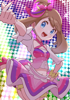 Rule 34 | 1girl, absurdres, blue eyes, breasts, brown hair, collarbone, commentary request, cowboy shot, crop top, hair ornament, heart, highres, idol, idol clothes, may (contest) (pokemon), may (pokemon), medium hair, mega stone, midriff, navel, nintendo, open mouth, pink shirt, pink skirt, pokemon, pokemon oras, rainbow background, refisa, shirt, skirt, small breasts, solo, standing, standing on one leg
