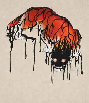 animal_focus colored_sclera commentary_request constricted_pupils dream_tiger_(govy9807) dripping full_body highres korean_commentary liquid looking_at_viewer monster monster_focus no_humans original sharp_teeth simple_background slit_pupils solo teeth tiger tusks weso_art white_eyes yellow_background yellow_sclera