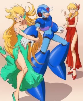 1boy 2girls alia_(mega_man) alternate_costume android aqua_dress aqua_footwear arm_grab armor bare_legs bare_shoulders blonde_hair blue_armor bracelet breasts capcom cleavage closed_eyes collarbone commentary_request dress flying_sweatdrops gloves green_eyes hair_between_eyes hand_up headset helmet hetero high_heels highres jewelry joints legs long_dress long_hair looking_at_another marty_(mega_man) medium_breasts mega_man_(series) x_(mega_man) mega_man_x_(manga) mega_man_x_(series) multiple_girls neck nervous open_mouth purple_eyes red_dress red_footwear robot_ears robot_joints serious shadow shy side_slit simple_background standing standing_on_one_leg strapless strapless_dress user_fuyz3388 very_long_hair waving white_gloves