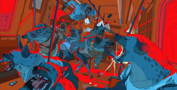 absurdres animal_focus antelope belly blue_overalls blue_shirt breasts brown_shirt can closed_eyes color_contrast commentary contrast crowd dress_shirt english_commentary english_text fighting flying_paper flying_spittle from_side furry green_skirt hand_grip highres hyena indoors jewelry jumping large_breasts medium_breasts messy multiple_boys multiple_girls necklace necktie open_mouth original overalls paper pearl_necklace public_transportation red_light red_necktie running saliva scarf shadow sharp_teeth shirt shouting sidelighting skirt striped subway teeth train train_interior vehicle_interior violence xi_zhang yellow_scarf