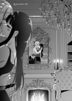 2girls absurdres armchair blush candelabra candle candlestand chair chandelier commentary_request dress elbow_gloves fireplace gloves greyscale highres indoors kiss long_hair mirror monochrome multiple_girls original ponytail reflection yuino_chiri yuri