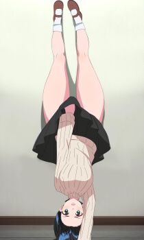 1girl black_footwear black_hair black_skirt blue_eyes blue_ribbon blush breasts brown_footwear eg_si hair_ribbon handstand highres kanojo_okarishimasu long_sleeves looking_at_viewer lycoris_challenge_(meme) lycoris_recoil medium_breasts meme open_mouth parody ribbon sarashina_ruka scene_reference short_hair skirt socks sweater thick_thighs thighs turtleneck turtleneck_sweater upside-down white_socks