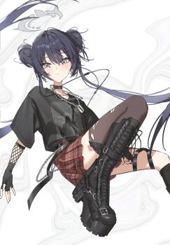 1girl alternate_costume black_boots black_choker black_gloves black_hair black_shirt blue_archive boots choker double_bun earphones earrings fingerless_gloves fishnet_gloves fishnets gloves grey_eyes grey_halo hair_bun halo highres jewelry kisaki_(blue_archive) knee_boots lace-up_boots long_hair looking_at_viewer necklace neptune_illust o-ring o-ring_thigh_strap plaid_clothes plaid_skirt platform_boots print_shirt razor_blade razor_blade_necklace red_skirt shirt single_thighhigh skirt solo thigh_strap thighhighs twintails white_background