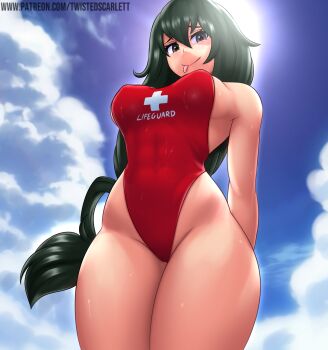 Rule 34 | 1girl, asui tsuyu, bare shoulders, black eyes, boku no hero academia, breasts, cleavage, covered erect nipples, covered navel, curvy, female focus, green hair, highres, large breasts, lifeguard, light smile, long hair, looking at viewer, solo, standing, swimsuit, thick thighs, thighs, tongue, tongue out, twistedscarlett60, wide hips