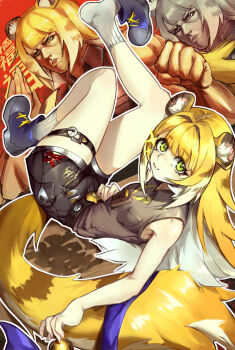 1girl 2boys animal_ear_fluff animal_ears bare_shoulders blonde_hair blue_shoes bow clenched_hand closed_mouth colored_inner_hair fang green_eyes grey_shirt harry80779192 high-waist_shorts highres ju_fufu legs_up long_hair looking_at_viewer lying medallion multicolored_hair multiple_boys muscular on_back orange_fur red_background shirt shoes shorts socks sparkle striped_fur striped_hair tail tail_bow tail_ornament thigh_strap tiger_ears tiger_girl tiger_stripes tiger_tail white_socks zenless_zone_zero