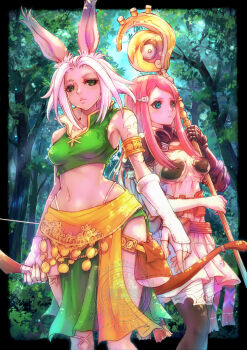 2girls animal_ears armlet belt_pouch black_thighhighs blue_eyes bow_(weapon) breasts commission crop_top dress elbow_gloves final_fantasy final_fantasy_tactics_advance fingerless_gloves forest gloves green_eyes green_shirt hair_ornament hairclip highres jewelry kodue55 medium_breasts multiple_girls nature navel pink_hair pouch ritz_malheur shara shirt skeb_commission small_breasts staff standing thighhighs tree viera watermark weapon white_gloves white_hair