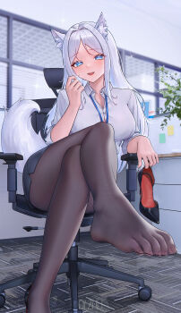 1girl absurdres animal_ears blue_eyes blush chair crossed_legs desk feet foot_focus highres lanyard long_hair looking_at_viewer miniskirt office_lady open_mouth pantyhose qizhu shoes sitting skirt steam swivel_chair tail toes unworn_shoes white_hair