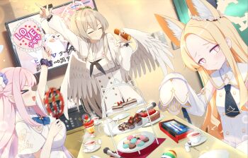 &gt;_&lt; 3girls :d animal_ear_fluff animal_ears arm_up bare_shoulders black_bow black_neckerchief black_scrunchie blonde_hair blue_archive blue_bow blue_bowtie blurry blurry_background blush blush_stickers bow bowtie braid breasts bright_pupils brown_hair buttons cake cake_slice capelet character_name character_print closed_eyes closed_mouth commentary_request cowboy_shot cross_halo crown_braid cup detached_sleeves double-breasted double-parted_bangs dress dutch_angle english_text extra_ears facing_viewer feathered_wings flower flower_wreath food forehead fox_ears fox_girl furrowed_brow glint hair_between_eyes hair_bun hair_flower hair_ornament halo hand_fan hand_up happy head_wreath heart heart_print hifumi_(blue_archive) highres holding holding_fan holding_food holding_tambourine holy-san_(makuu) index_finger_raised indoors instrument karaoke large_breasts long_hair long_sleeves looking_at_viewer macaron microphone mika_(blue_archive) multicolored_eyes multiple_girls nagisa_(blue_archive) neckerchief open_mouth parfait parted_bangs peroro_(blue_archive) pink_flower pink_hair pink_halo profile puffy_long_sleeves puffy_sleeves purple_flower school_uniform scrunchie seia_(blue_archive) sidelocks single_side_bun sleeve_bow sleeveless sleeveless_dress sleeves_past_fingers sleeves_past_wrists slit_pupils small_breasts smile sparkle split_mouth steam straight_hair sweets swiss_roll table tambourine tea tea_party_(blue_archive) teacup translated trinity_general_school_logo two-tone_eyes upper_body v-shaped_eyebrows very_long_hair wavy_ends white_bow white_capelet white_dress white_flower white_pupils white_wings wide_sleeves wings wrist_scrunchie yellow_bow yellow_eyes yellow_halo