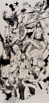 1girl 6+boys aaroniero_arruruerie abs armor armored_bodysuit arrancar baraggan_louisenbairn beard black_sclera bleach bob_cut bodysuit breasts buttons coat collar colored_sclera convenient_censoring coyote_starrk crown dual_wielding extra_arms extra_eyes eyepatch eyes_on_body facepaint facial_hair facial_mark facing_to_the_side glasses goatee greyscale grimmjow_jaegerjaquez grin gun hair_between_eyes hair_slicked_back hakama hand_on_own_face highres holding holding_gun holding_staff holding_weapon hole_in_chest hole_on_body horns ikuyoan ink japanese_clothes large_breasts long_hair looking_at_viewer looking_down looking_to_the_side looking_up mask midriff midriff_peek monochrome multiple_boys muscular muscular_male nnoitra_gilga one_eye_covered open_clothes open_coat open_mouth outstretched_arms own_hands_together pants parted_lips pointy_ears praying resurreccion sharp_teeth shirt short_hair shoulder_armor sidelocks signature skull smile staff szayelaporro_granz teeth tier_harribel topless_male torn_clothes twitter_username ulquiorra_cifer very_long_hair weapon yammy_llargo zommari_rureaux