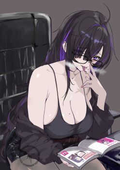 Rule 34 | 1977 oj3, 1girl, absurdres, black-framed eyewear, black cardigan, black dress, black hair, book, breasts, cardigan, cardigan partially removed, cleavage, collarbone, colored inner hair, dress, glasses, goddess of victory: nikke, hair over one eye, hashtag-only commentary, highres, holding, holding book, label (nikke), large breasts, looking at viewer, mole, mole on breast, multicolored hair, pale skin, purple eyes, purple hair, purple streaks, sitting, solo, streaked hair, taut clothes, taut dress, tongue, two-tone hair