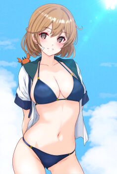 1girl absurdres bandaid beach bikini blue_bikini blue_sailor_collar blue_sky breasts brown_eyes brown_hair cloud cloudy_sky cowboy_shot crab_on_shoulder day gluteal_fold highres kantai_collection medium_breasts nitamako_(sakamalh) oboro_(kancolle) open_clothes open_shirt sailor_collar sand shirt short_hair sky smile sun swimsuit white_shirt