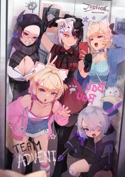 5girls absurdres animal_ears asymmetrical_horns black_hair black_jacket black_scarf black_skirt blonde_hair blue_camisole blue_choker blue_eyes blue_hair blue_jacket blue_skirt braid breasts camisole cellphone choker claw_pose cleavage closed_mouth collared_shirt colored_inner_hair commentary curly_hair dog_ears dog_girl dog_tail dress frilled_camisole frilled_dress frills fuwawa_abyssgard fuwawa_abyssgard_(casual) glasses grey_hair greyscale grin hair_ornament hair_over_one_eye hairclip half_up_braid high-waist_skirt highres holding holding_phone holding_sword holding_weapon holoadvent hololive hololive_english horns jacket katana koseki_bijou koseki_bijou_(casual) large_breasts long_hair mirror_selfie mococo_abyssgard mococo_abyssgard_(casual) monochrome multicolored_hair multiple_girls namiorii nerissa_ravencroft nerissa_ravencroft_(casual) office_lady official_alternate_costume official_alternate_hairstyle open_mouth over_shoulder phone pink_eyes pink_hair pink_jacket plaid_camisole ponytail purple_eyes purple_hair red_dress scarf selfie shiori_novella shiori_novella_(casual) shirt short_hair side_braids skirt smartphone smile split-color_hair streaked_hair swept_bangs sword sword_over_shoulder tail thighhighs two_side_up uneven_horns v v_over_eye virtual_youtuber weapon weapon_over_shoulder white_camisole white_shirt white_skirt white_thighhighs x_hair_ornament yellow_eyes