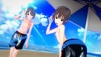 2girls 3d artist_request beach black_male_swimwear black_swim_trunks blue_sky bottle breasts brown_eyes brown_hair character_request copyright_request crossdressing crossdressing_(ftm) drawstring exhibitionism female_focus grey_hair highres holding looking_at_viewer male_swimwear male_swimwear_challenge multiple_girls nipples ocean public_indecency sand sky small_breasts source_request sweat swim_trunks swimsuit tagme topless_female water_bottle