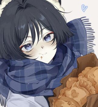 1boy :t alternate_costume bag baobei_mill black_hair black_shirt blue_scarf blunt_ends blush character-themed_food closed_mouth coat contemporary eyelashes eyeliner eyeshadow food food_on_face fringe_trim genshin_impact hair_intakes heart highres lapels looking_at_viewer makeup male_focus pale_skin paper_bag plaid_clothes plaid_scarf purple_eyes red_eyeliner red_eyeshadow scaramouche_(cat)_(genshin_impact) scaramouche_(genshin_impact) scarf shirt solo taiyaki tsurime undershirt wagashi white_background white_coat winter_clothes wispy_bangs