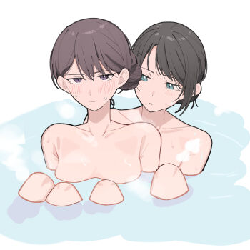 2girls bang_dream! bang_dream!_it's_mygo!!!!! black_hair brown_hair closed_mouth collarbone commentary_request highres mole mole_under_eye multiple_girls nanami_(nunnun_0410) nude purple_eyes same-sex_bathing shared_bathing shiina_taki sweat yahata_umiri yuri