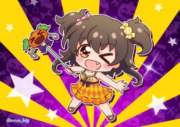 1girl battle_girl_high_school brown_eyes brown_hair candy_hair_ornament chibi chibi_only dress fang food-themed_hair_ornament hair_ornament halloween highres holding holding_wand minami_hinata nna_btg one_eye_closed open_mouth orange_dress outstretched_arm pumpkin solo star_(symbol) sunburst sunburst_background wand