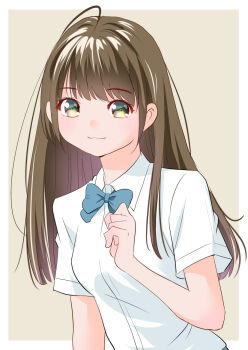 Rule 34 | 1girl, bow, bowtie, brown hair, collared shirt, commentary request, cowboy shot, green eyes, long hair, looking at viewer, original, shirt, smile, solo, yamanaka kouji (yanchiki2001)