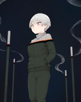 1girl :| black_background black_jacket black_pants black_trim breasts bright_pupils brown_eyes burning closed_mouth commentary expressionless feet_out_of_frame grey_hair grey_jacket hands_in_pockets high_collar highres incense jacket looking_afar looking_ahead medium_breasts object_and_personification orange_trim original pants personification short_hair smoke solo standing sweatpants track_jacket very_short_hair white_pupils yajirushi_(chanoma)