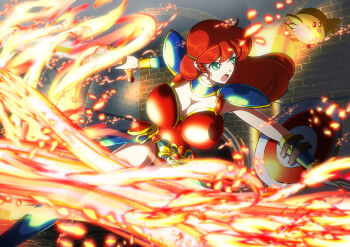 armor bikini_armor breasts fire green_eyes highres huge_breasts kyolnov lucia_(madura_no_tsubasa) madura_no_tsubasa pauldrons red_hair shield shoulder_armor sword weapon