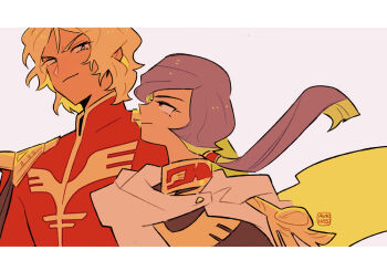 artist_name aukives bad_id bad_pixiv_id blonde_hair blue_eyes border cape char&#039;s_counterattack char_aznable closed_mouth epaulettes garma_zabi grey_jacket gundam gundam_gihren_no_yabou high_collar jacket long_hair looking_at_another low_ponytail male_focus military_rank_insignia military_uniform neo_zeon ponytail purple_hair red_jacket science_fiction short_hair shoulder_boards simple_background smile upper_body white_background white_border white_cape zeon