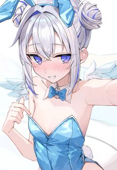 1girl absurdres amane_kanata angel animal_ears armpits bare_shoulders blue_hair blue_leotard bow bowtie detached_collar double_bun fake_animal_ears feathered_wings flat_chest grey_hair hair_between_eyes hair_bun hairband highres hololive leotard multicolored_hair nama_tt1786 playboy_bunny rabbit_ears simple_background solo streaked_hair virtual_youtuber white_background wings