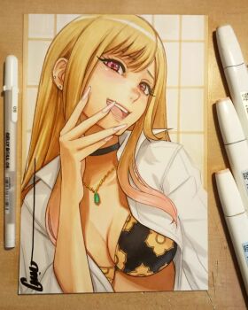 1girl art_tools_in_frame artist_name barbell_piercing bikini black_bikini black_choker blonde_hair breasts choker cleavage collared_shirt ear_piercing floral_print floral_print_bikini gem gold_necklace green_gem hand_on_own_face heart heart-shaped_pupils heart_hands highres indoors jewelry kitagawa_marin large_breasts long_hair looking_at_viewer multicolored_bikini multicolored_hair necklace omar_dogan open_clothes open_mouth open_shirt parted_lips photo_(medium) piercing pink_hair pink_nails print_bikini red_eyes shirt shouji signature sliding_doors smile solo sono_bisque_doll_wa_koi_wo_suru swimsuit symbol-shaped_pupils third-party_source tongue traditional_media two-tone_bikini two-tone_hair two-tone_swimsuit white_shirt window yellow_bikini