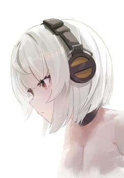 1girl anby_demara bare_shoulders braid braided_sidelock breasts closed_mouth collar collarbone commentary_request from_side grey_hair headphones highres looking_ahead medium_breasts orange_eyes portrait short_hair simple_background solo tsubakuro31 white_background zenless_zone_zero