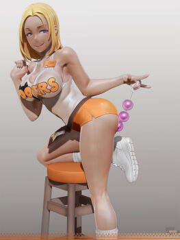 1girl 3d :q anal_beads bad_id bad_pixiv_id bar_stool bare_arms bare_shoulders blonde_hair blue_eyes borrowed_character brand_name_imitation breasts dark-skinned_female dark_skin delightfully_fuckable_and_unrefined!! feet_out_of_frame female_focus full_body gradient_background grey_background hand_on_own_ass highres hooters implied_anal implied_object_insertion large_breasts leslyzerosix long_hair looking_at_viewer loose_socks mari_(delightfully_fuckable_and_unrefined!!) medium_breasts name_tag on_one_knee orange_shorts original parted_bangs sex_toy shirt short_shorts shorts simple_background sleeveless sleeveless_shirt smile socks solo stool tongue tongue_out uniform white_footwear white_socks