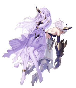 Rule 34 | 2girls, absurdres, anklet, armlet, armor, armored boots, barefoot, boots, bracelet, breasts, choker, claws, closed eyes, colored skin, elbow gloves, faulds, fingernails, full body, gauntlets, gloves, grey hair, highres, horns, jewelry, large breasts, long hair, looking at viewer, multiple girls, navel, original, purple eyes, purple hair, purple skin, reaching, reaching towards viewer, revealing clothes, sharp fingernails, short hair, single horn, slumped, small breasts, spirit, white background, zhu fun