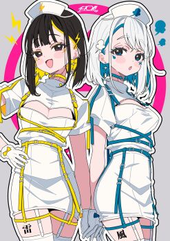 2girls belt_collar black_hair cleavage_cutout clothing_cutout collar colored_inner_hair crossed_fingers dress fuuten_(ichijo_rei) garter_straps hand_on_own_hip hat highres holding_hands ichijo_rei mole mole_under_eye multicolored_hair multiple_girls necktie nurse nurse_cap open_mouth raiden_(ichijo_rei) smile white_dress white_hair
