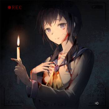 Rule 34 | 1girl, blood, blood on clothes, blood on face, blood on hands, blue eyes, blue hair, blue sailor collar, brown jacket, candle, commentary request, corpse party, dark background, holding, holding candle, jacket, long sleeves, low twintails, medium hair, recording, revyvian06, sailor collar, school uniform, shinozaki ayumi, solo, twintails, viewfinder