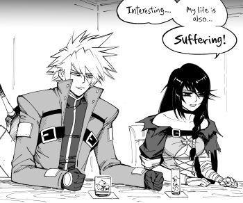 1boy 1girl absurdres bandaged_arm bandages bar_(place) bb_(baalbuddy) blazblue braid breasts cape chest_strap choker cleavage closed_mouth collarbone commentary crossover cup english_commentary english_text gloves hair_between_eyes highres ice ice_cube jacket monochrome open_clothes open_jacket open_mouth ragna_the_bloodedge side_braid sitting speech_bubble spiked_hair sword sword_on_back tales_of_(series) tales_of_berseria torn_clothes trait_connection velvet_crowe weapon weapon_on_back
