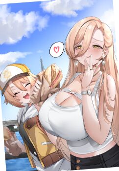 2girls absurdres animal_ears black_pants blonde_hair blue_sky blush bread breasts cleavage closed_eyes cloud collarbone commentary_request day earrings eating food hair_between_eyes hat heart highres holding holding_food horse_ears horse_girl huge_breasts jacket jewelry long_hair looking_at_viewer multiple_girls multiple_rings necklace nekozane_ryo nijisanji nui_sociere nui_sociere_(7th_costume) open_mouth orange_eyes pants ring satake_mei shirt short_hair sky sleeveless sleeveless_shirt spoken_heart standing thick_eyebrows tongue tongue_out umamusume upper_body very_long_hair virtual_youtuber watch water white_shirt wristwatch yellow_hat yellow_jacket