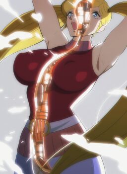 1girl android armpits arms_up artificial_vagina belt blonde_hair blue_eyes breasts covered_erect_nipples gamia_q large_breasts mazinger_(series) mazinger_z mazinkaiser open_mouth pubic_hair ryona sex_toy sleeveless split turtleneck twintails unknown_showhey