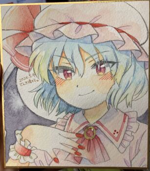 1girl ascot bat_wings blue_hair blush brooch closed_mouth collared_shirt commentary_request dated frilled_shirt_collar frills hat hat_ribbon highres hijiki_(hijiri_st) jewelry looking_at_viewer mob_cap pink_hat pink_shirt red_ascot red_eyes red_nails remilia_scarlet ribbon shikishi shirt smile solo touhou traditional_media translation_request wings wrist_cuffs