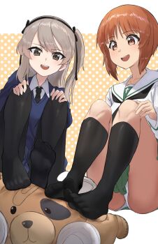 2girls absurdres black_necktie black_pantyhose black_sailor_collar black_socks blue_jacket blue_skirt blurry blush boko_(girls_und_panzer) brown_eyes brown_hair commentary_request feet foot_focus girls_und_panzer grey_eyes grey_hair hair_ribbon highres jacket lazurite_(user_8870367) long_hair looking_at_viewer multiple_girls necktie nishizumi_miho ooarai_school_uniform open_mouth panties pantyhose ribbon sailor_collar school_uniform shimada_arisu shirt short_hair sitting skirt socks st._gloriana's_school_uniform stuffed_animal stuffed_toy teddy_bear teeth toes underwear upper_teeth_only white_panties white_shirt
