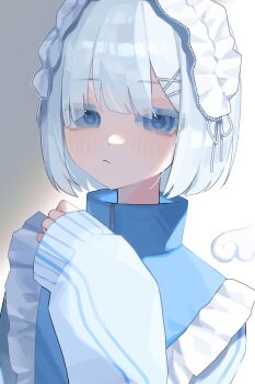 Rule 34 | 1girl, absurdres, aegyo sal, apron, blue eyes, blue jacket, blunt bangs, bob cut, closed mouth, colored eyelashes, commentary request, commission, double vertical stripe, eyes visible through hair, frilled apron, frills, frown, gradient background, grey background, hair ornament, half-closed eyes, hand up, headdress, highres, jacket, jersey maid, lace trim, long sleeves, looking at viewer, maid, maid apron, maid headdress, mini wings, n. (plaw 01), original, puffy long sleeves, puffy sleeves, short hair, simple background, skeb commission, sleeves past wrists, solo, track jacket, tsurime, turtleneck, turtleneck jacket, two-tone background, unconventional maid, upper body, waist apron, white apron, white background, white eyelashes, white hair, white headdress, white wings, wings, x hair ornament