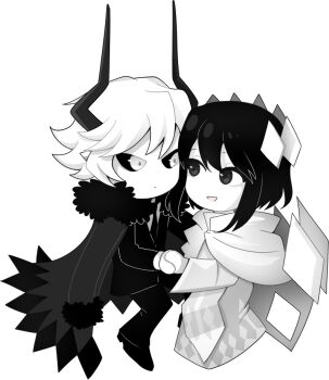1boy 1girl alpha_transparency black_cape black_eyes black_hair black_pants black_sclera black_shoes black_suit cape capelet chibi chibi_only closed_mouth colored_sclera couple crystal_hair_ornament demon_boy demon_horns dress etihw_(funamusea) expressionless funamusea fur-trimmed_cape fur_trim gallaxi haiiro_teien hetero holding_hands horns kcalb_(funamusea) long_horns looking_at_viewer open_mouth outline pants shoes short_hair smile suit transparent_background white_capelet white_dress white_eyes white_hair white_outline