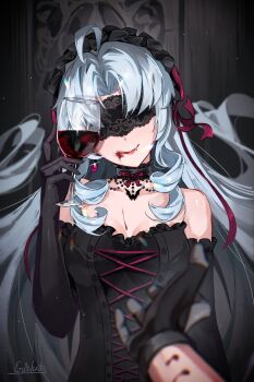 1boy 1girl :q absurdres ahoge alternate_costume bare_shoulders bite_mark black_choker black_gloves blindfold blood_on_mouth blurry blurry_foreground breasts carlotta_(wuthering_waves) choker cleavage closed_mouth collarbone commentary cup drill_hair drill_sidelocks drinking_glass earrings elbow_gloves english_commentary erikvarts facing_viewer fang gloves grey_hair highres holding holding_cup jewelry licking_lips long_hair male_rover_(wuthering_waves) medium_breasts parted_bangs pov pov_hands rover_(wuthering_waves) sidelocks signature tongue tongue_out upper_body very_long_hair wuthering_waves