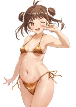 +_+ 1girl ;d bikini brown_hair double_bun gold_bikini hair_bun kantai_collection naka_(kancolle) navel one_eye_closed open_mouth short_hair side-tie_bikini_bottom smile solo stomach swimsuit toka_(marchlizard) v v_over_eye white_background