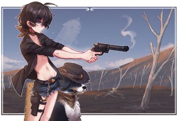 1girl absurdres aged_up animal bandana bandana_around_neck bare_tree black_hair blind cat_baguette_(popopoka) collarbone cowgirl_(western) denim denim_shorts dog erika_(popopoka) freckles from_side gun handgun highres holding holding_gun holding_weapon holster navel open_clothes open_shirt original outdoors popopoka pubic_hair shirt shorts skeleton sophie&#039;s_dog_(popopoka) sophie_(popopoka) tree weapon