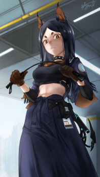 1girl absurdres akaiyou anger_vein animal_ears arknights belt black_hair black_jacket brown_eyes brown_gloves choker crop_top dobermann_(arknights) dog_ears dog_girl eyelashes gloves highres holding holding_riding_crop jacket long_hair long_skirt midriff mole mole_under_eye riding_crop skirt solo studded_choker switch thick_eyebrows whip