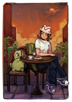 1girl blue_shoes border brown_hair chair chikorita closed_eyes closed_mouth commentary croissant crossed_legs cup food gen_2_pokemon happy harmony_(pokemon) hat highres mei_(manjunii) nintendo pants pokemon pokemon_(creature) pokemon_legends:_z-a saucer shirt shoes short_sleeves signature sitting smile sneakers t-shirt table teacup twilight white_border white_hat white_shirt