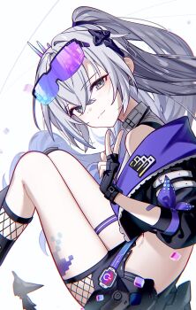 Rule 34 | 1girl, black gloves, closed mouth, commentary request, eyewear on head, fingerless gloves, fishnet socks, fishnets, from side, gloves, gradient-tinted eyewear, grey eyes, grey hair, highres, honkai: star rail, honkai (series), karamaru626, long hair, looking at viewer, navel, purple-tinted eyewear, silver wolf (honkai: star rail), sitting, smile, socks, solo, thigh strap, thighs, tinted eyewear, v, white background