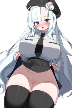 1girl :3 absurdres beret black_hat black_necktie black_skirt black_thighhighs blue_eyes breasts clothes_lift collared_shirt commission flower hand_up hat hat_flower high-waist_skirt highres large_breasts lifting_own_clothes long_hair long_sleeves looking_at_viewer miniskirt necktie open_mouth original parted_bangs pleated_skirt pussy rose second-party_source shirt shirt_tucked_in simple_background skindentation skirt skirt_lift smile solo thighhighs thighs very_long_hair w.k white_background white_hair white_shirt