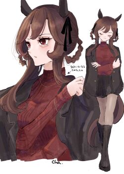 1girl animal_ears black_jacket black_skirt black_socks blush braid braided_hair_rings breasts brown_hair chasouko closed_eyes closed_mouth ear_covers gentildonna_(umamusume) hair_between_eyes hair_ornament hair_rings highres horse_ears horse_girl horse_tail jacket long_hair long_sleeves open_clothes open_jacket red_eyes red_sweater skirt smile socks sweater tail umamusume
